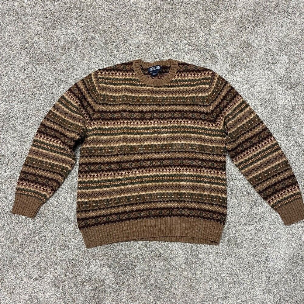 Lands’ End Fair Isle Men’s M Cotton Grandpa Sweater Brown Stripe Cabincore